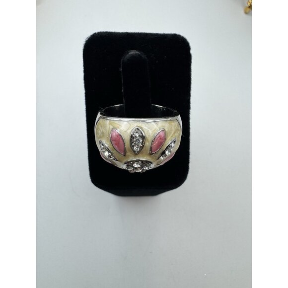 Pretty Costume Jewelry Ring Silver Tone And Enamel Whit Rhinestone  Ring Sz 10 - Picture 3 of 12